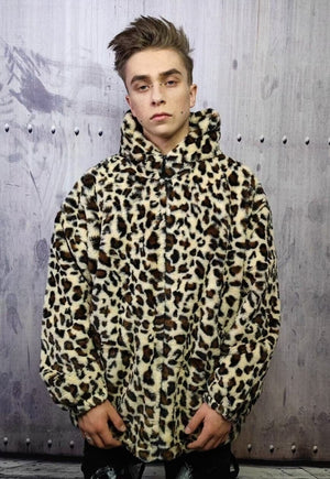 Leopard fleece jacket in cream animal print hooded bomber