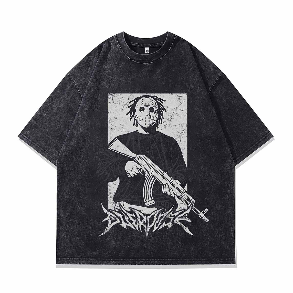 Horror t-shirt creepy cartoon tee gothic mask print top in vintage grey