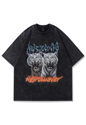 White tiger t-shirt animal print tee retro tattoo top grey