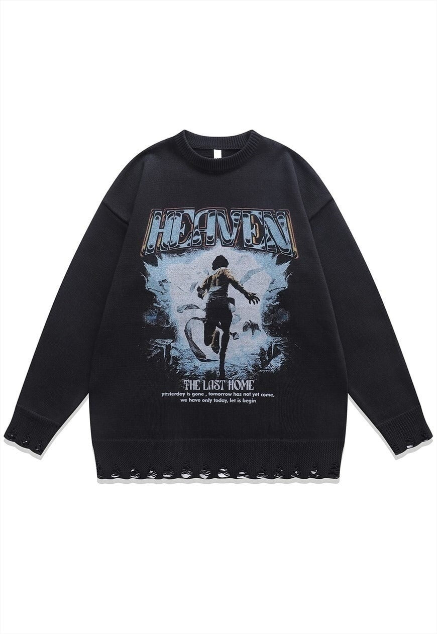 Fighter print sweater grunge knit distressed jumper in black