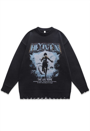 Fighter print sweater grunge knit distressed jumper in black