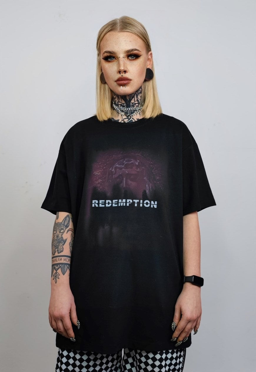 Saint t-shirt religion cartoon tee redemption slogan top