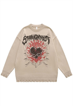 Gothic sweater ripped jumper heart print knitted top cream