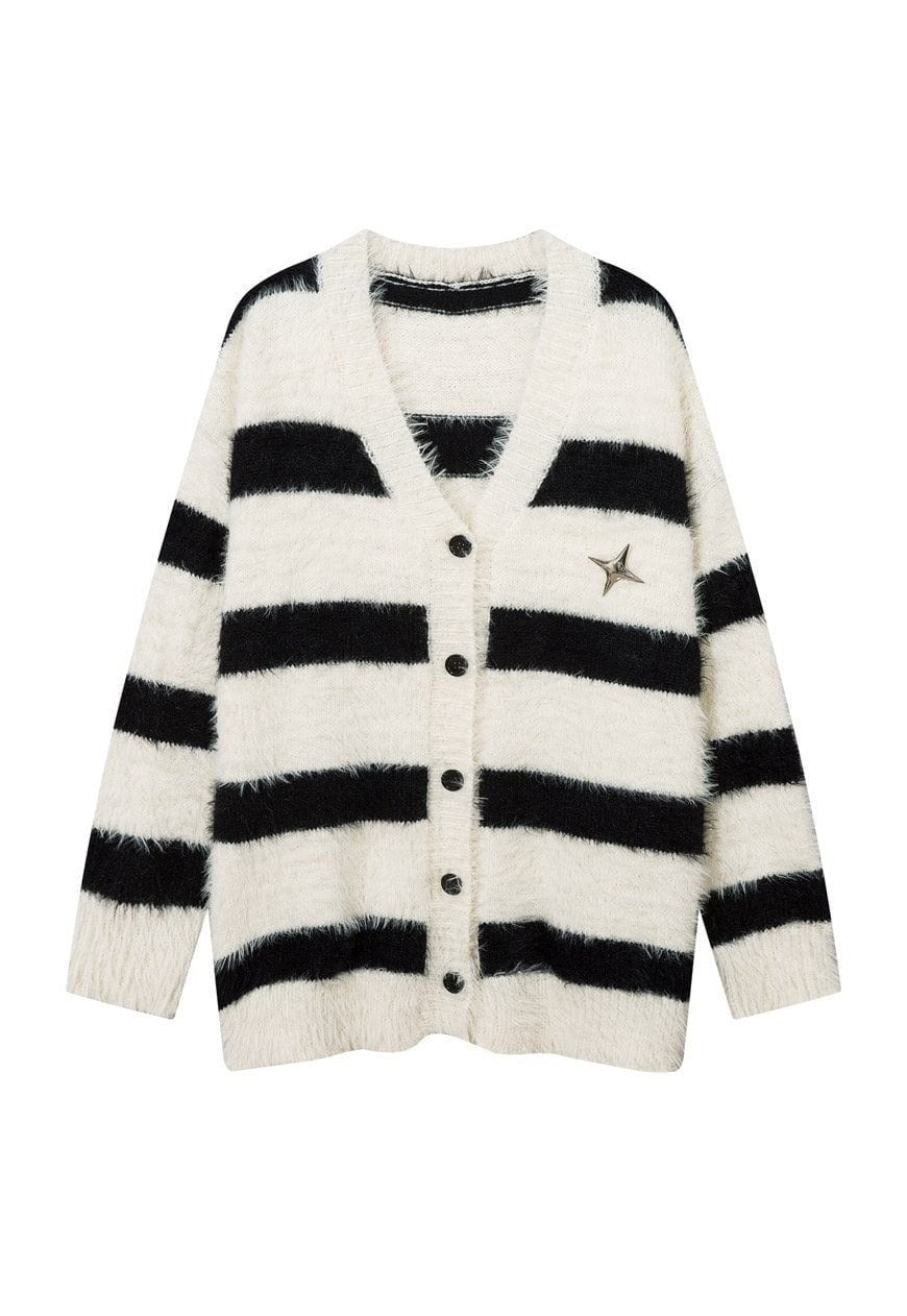 Fluffy striped cardigan fuzzy zebra jumper knitted top white