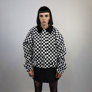 Check print bomber jacket Chequerboard varsity SKA aviator chess pattern coat in black and white