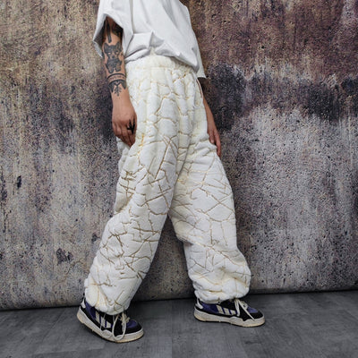 Golden faux fur joggers metallic pants handmade luminous fleece raver trousers premium party overalls in white and gold