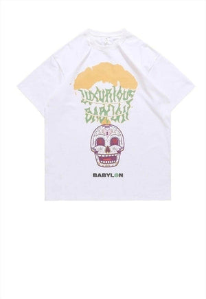 Skeleton print t-shirt bons tee skater skull top in White