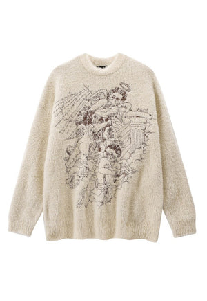 Fluffy sweater long fur grunge jumper angel print top cream