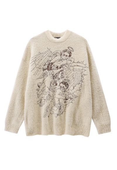 Fluffy sweater long fur grunge jumper angel print top cream