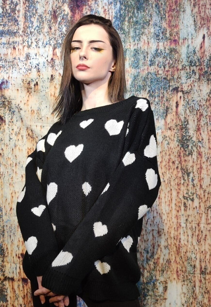 Heart knitwear sweater love knitted jumper in black white