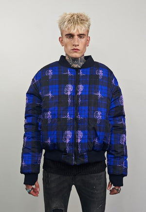 Tattoo print varsity jacket blue tartan reversible bomber