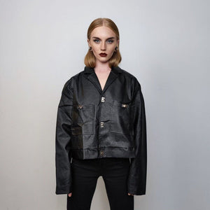 Cropped faux leather blazer utility PU bomber gorpcore jacket rocker varsity jacket retro 90s coat grunge college bomber going out in black