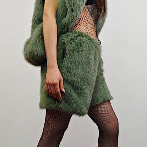 Green faux fur coat shaggy cropped trench short going out jacket fuzzy grunge detachable sleeves handmade luxury festival overcoat fleece
