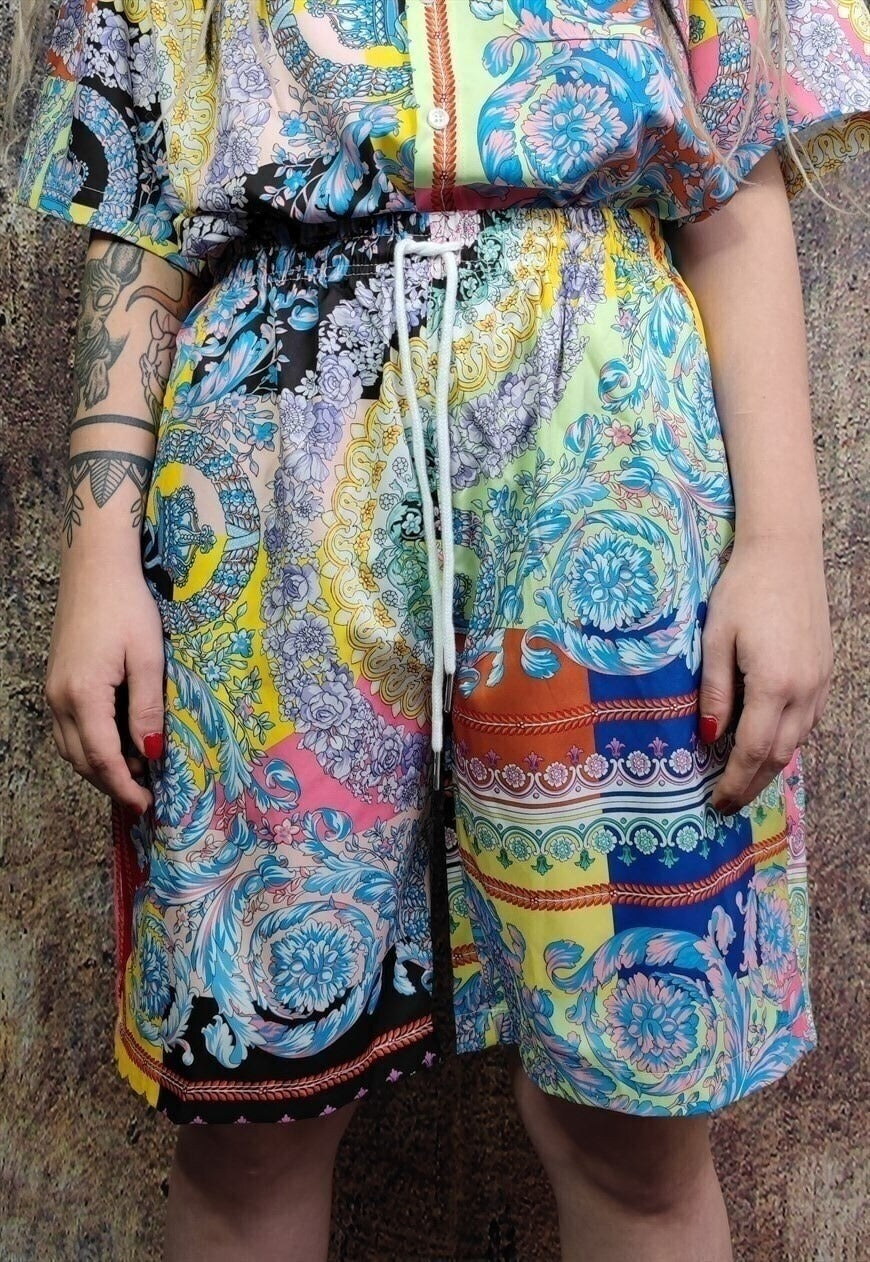 Fluorescent flower shorts rose print crop board pants yellow