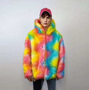 Hooded rainbow fur jacket unicorn bomber neon raver puffer fluffy tie-dye fleece psychedelic festival coat burning man party trench orange