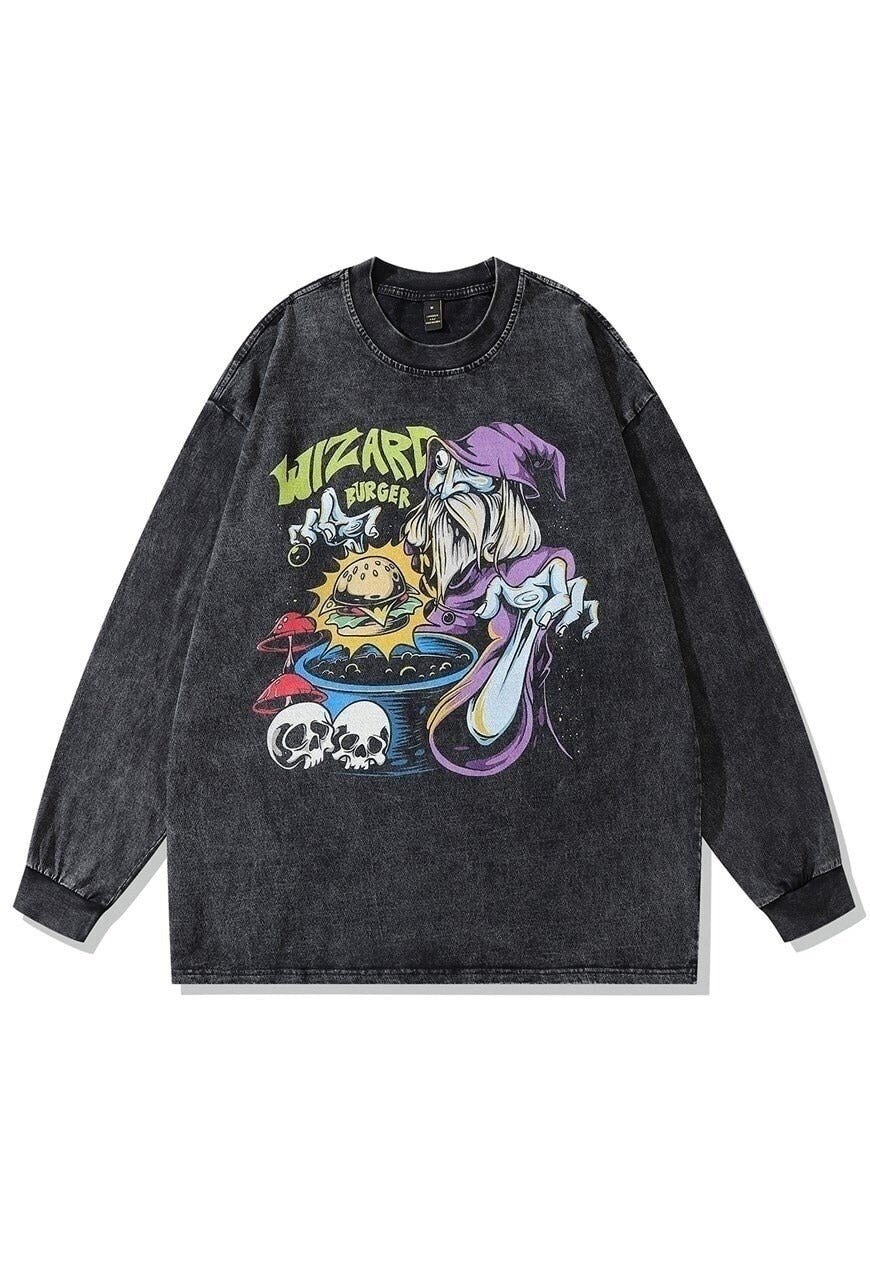 Wizard t-shirt grunge burger print long tee retro top in grey