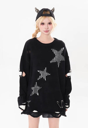 Grunge sweater cutout elbow knitted jumper ripped top black