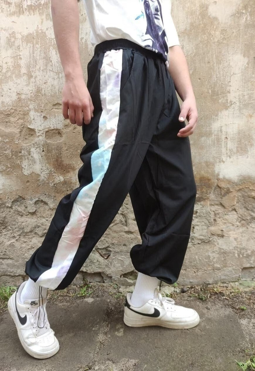 Contrast rainbow joggers thin multi panel overalls in black