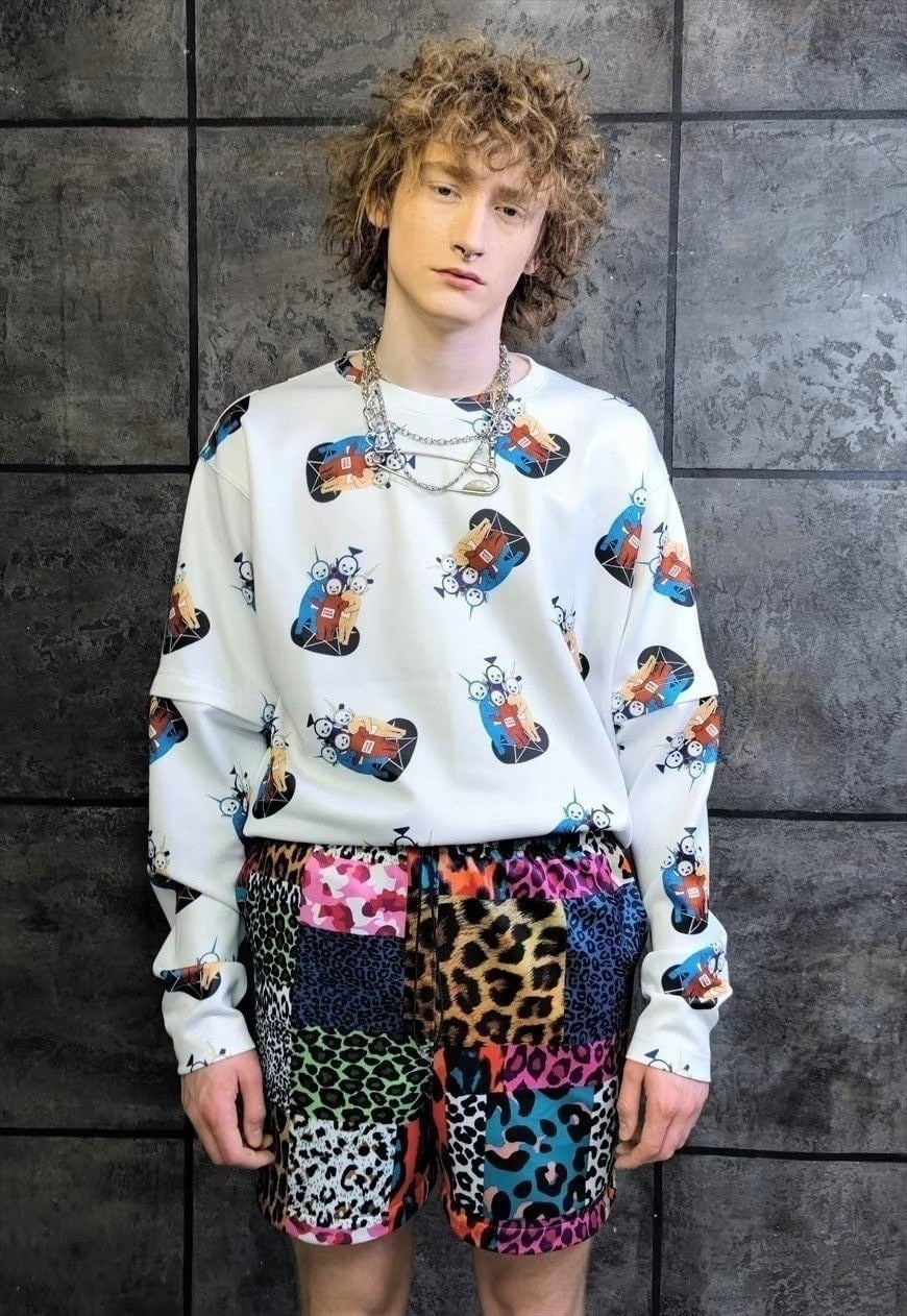 Leopard shorts handmade animal print overalls in blue brown