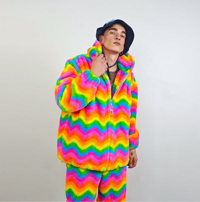 Rainbow fleece jacket psychedelic hood festival glitch rave bomber unicorn carnival overcoat LGBT jumper gay pride pullover burning man top