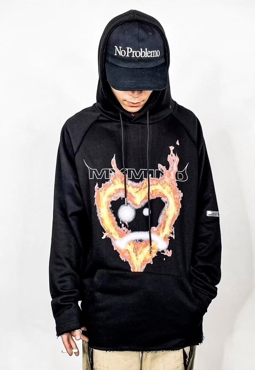 Flame heart print hooded top fire burn Korean hoodie black