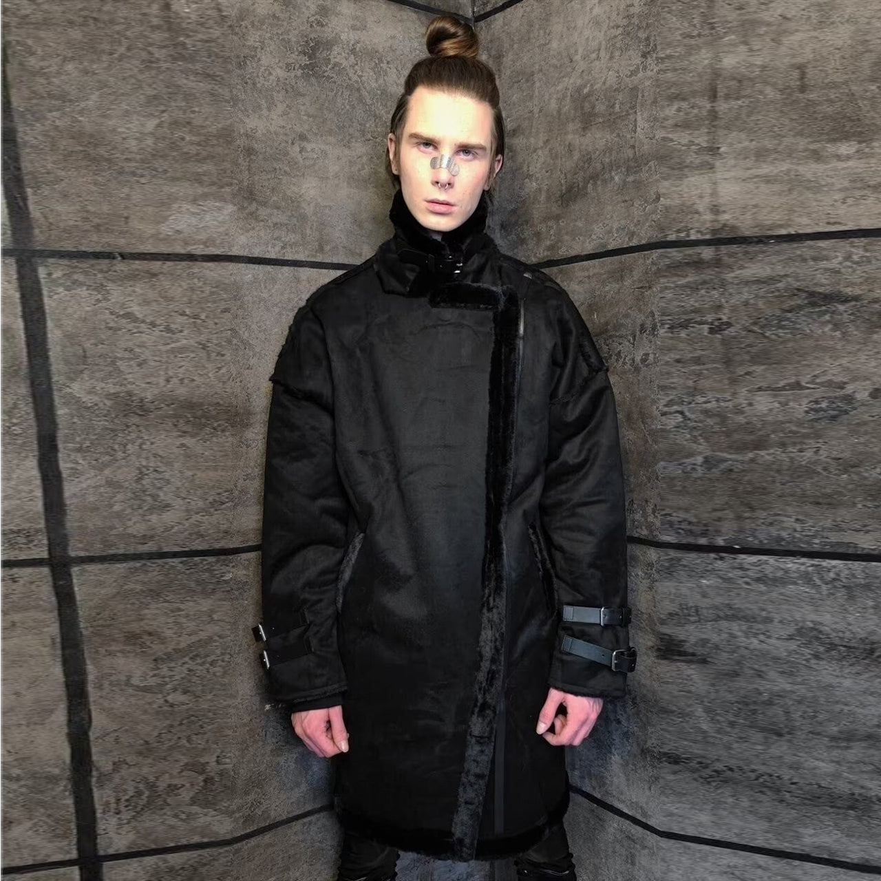 Solid Trench coat faux fur thickened suede overcoat in black