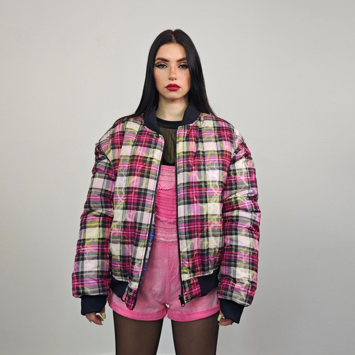 Plaid check bomber thunder print jacket reversible college varsity detachable sleeves e-boy vest handmade grunge rocker coat