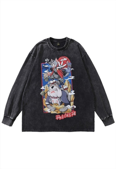 Cartoon t-shirt vintage wash cat & mouse long tee retro top