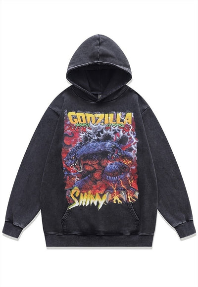 Godzilla hoodie monster cartoon pullover vintage wash jumper