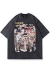 Anime print t-shirt Japanese tee retro cartoon top in grey