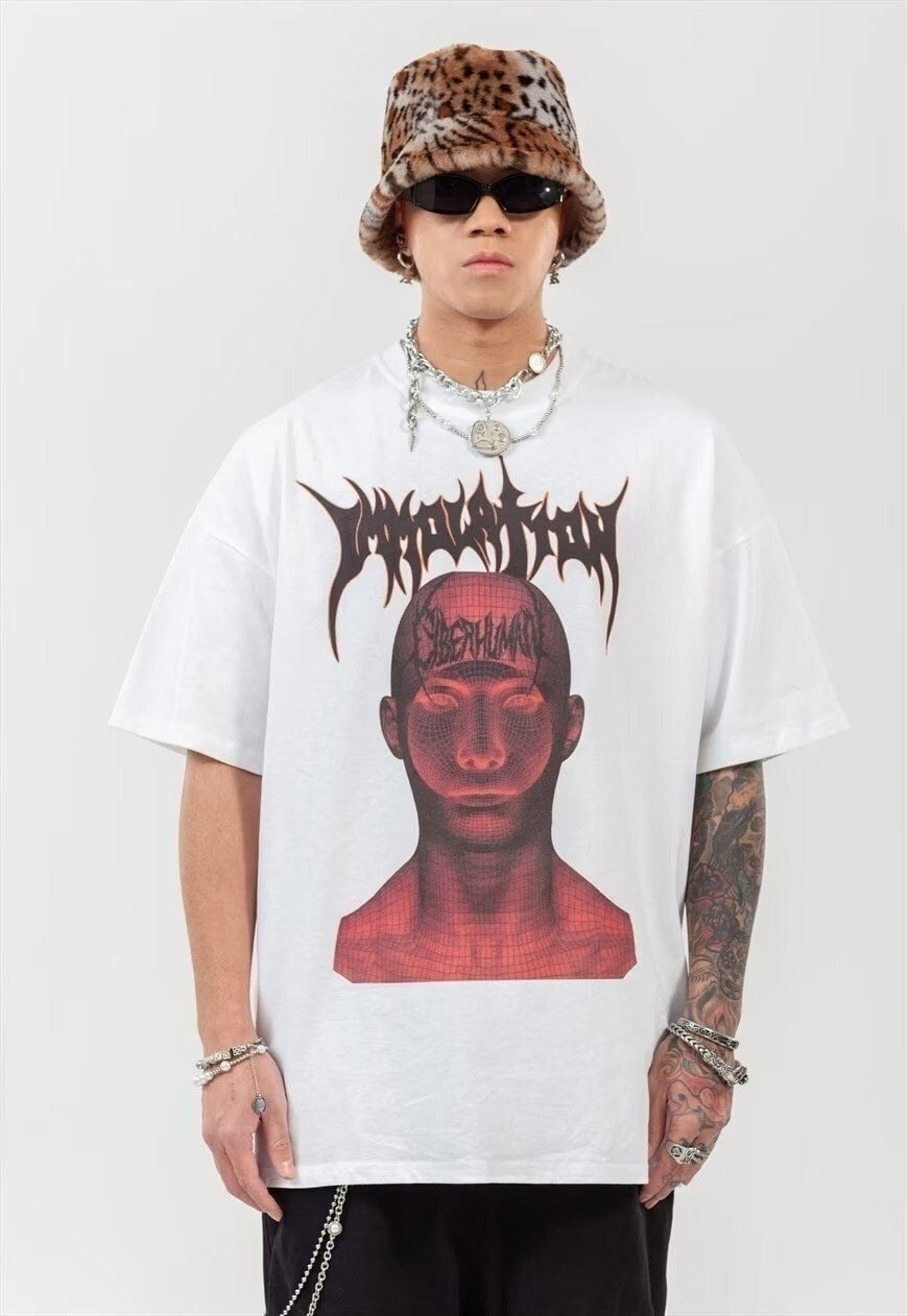 Gothic print t-shirt grunge monster tee raver top white