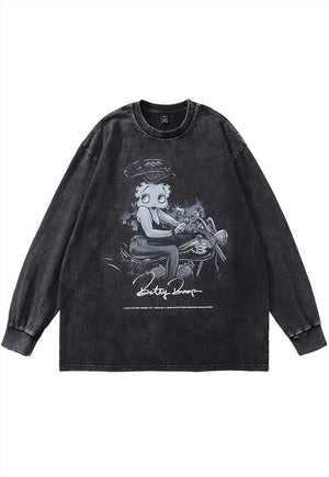 Vintage wash cartoon t-shirt Betty Boop long sleeve top grey