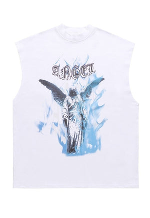 Angel print sleeveless t-shirt retro tank top surfer vest