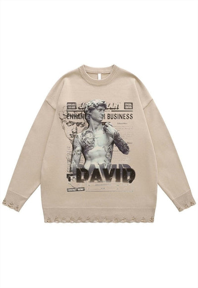 David statue sweater ripped jumper grunge knitted top beige