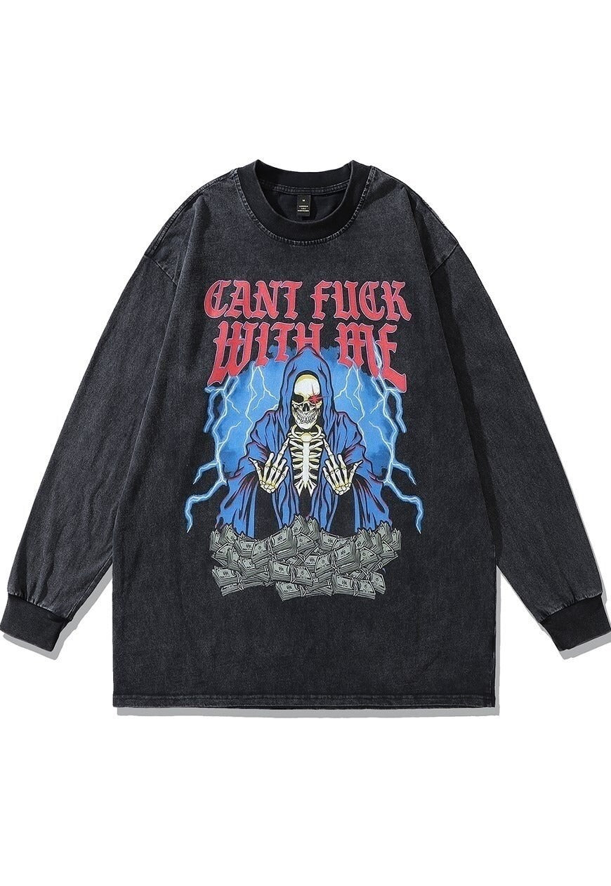 Money t-shirt punk grim reaper long tee retro top acid grey