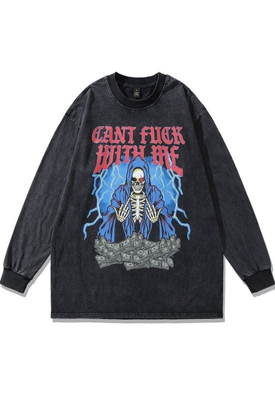 Money t-shirt punk grim reaper long tee retro top acid grey