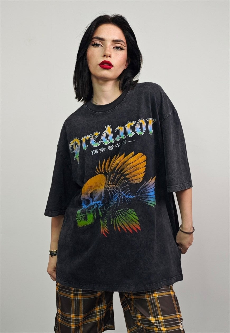 Fish bone t-shirt predator slogan tee retro top vintage grey