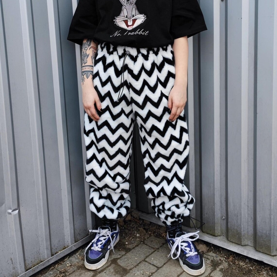 Geometric fleece joggers white zigzag trousers luxury stripe pattern pants handmade party hotpants grunge festival set raver tracksuit