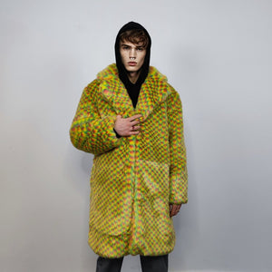 Checked faux fur longline coat geometric trench bright raver bomber fluffy winter fleece festival jacket neon burning man coat in yellow