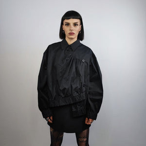 Asymmetric shirt unusual Gothic top catwalk blouse punk rocker jumper long sleeve gorpcore pullover button up utility jumper in black