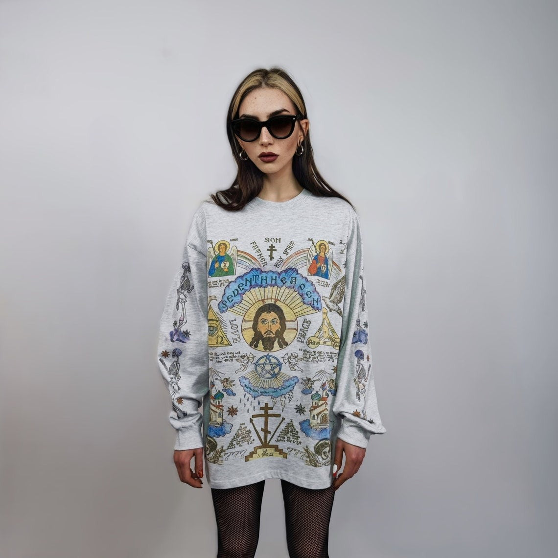 Jesus sweatshirt saint print top thin Christian jumper religious pattern sweater psychedelic pullover God worshipper t-shirt in grey