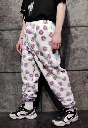 Floral fleece joggers handmade fluffy 70s daisy overalls