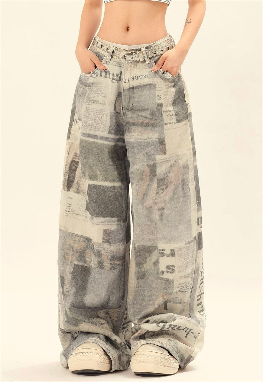 Newspaper print jeans graffiti denim pants bleached trousers