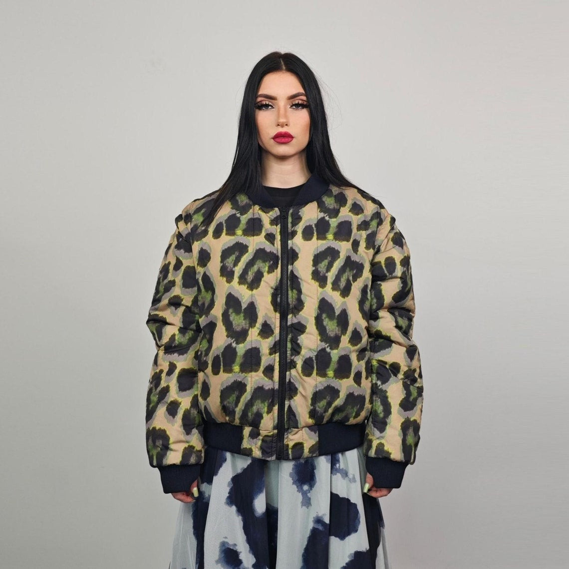 Leopard jacket brown animal print bomber reversible cheetah college varsity detachable sleeves handmade rave puffer grunge festival coat