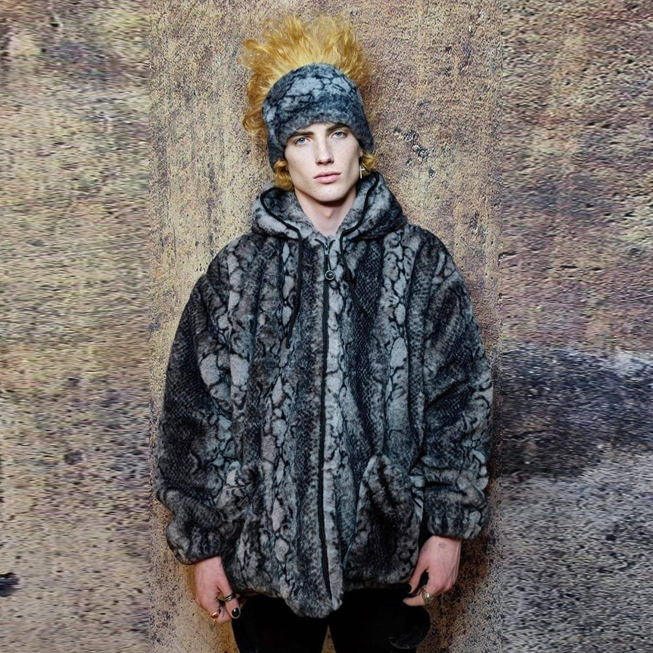 Faux fur python jacket handmade snake fleece bomber in grey