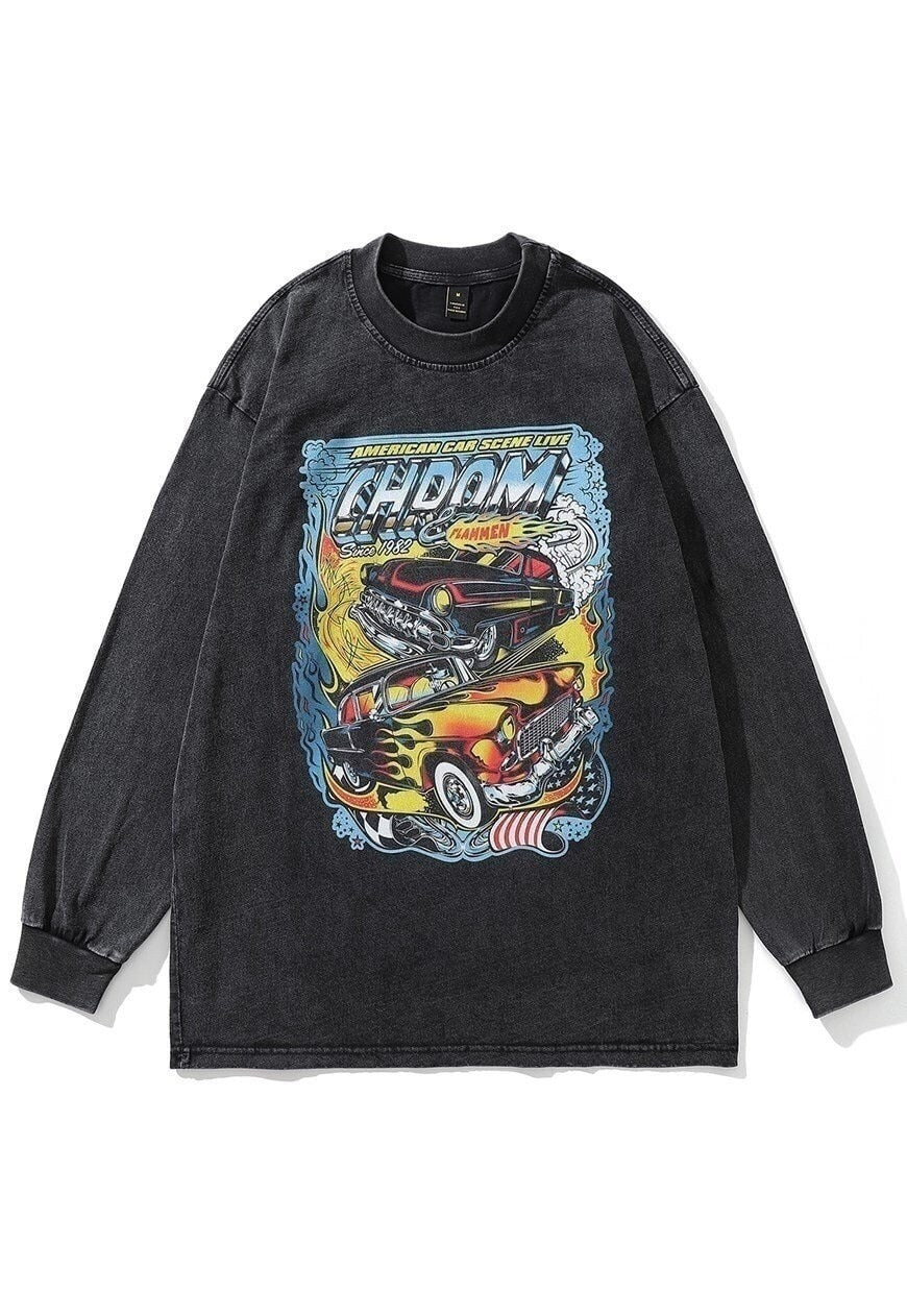 Racing car t-shirt old flame print long tee retro auto top