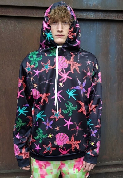 Sea life print hoodie Ocean pullover skater jumper red black