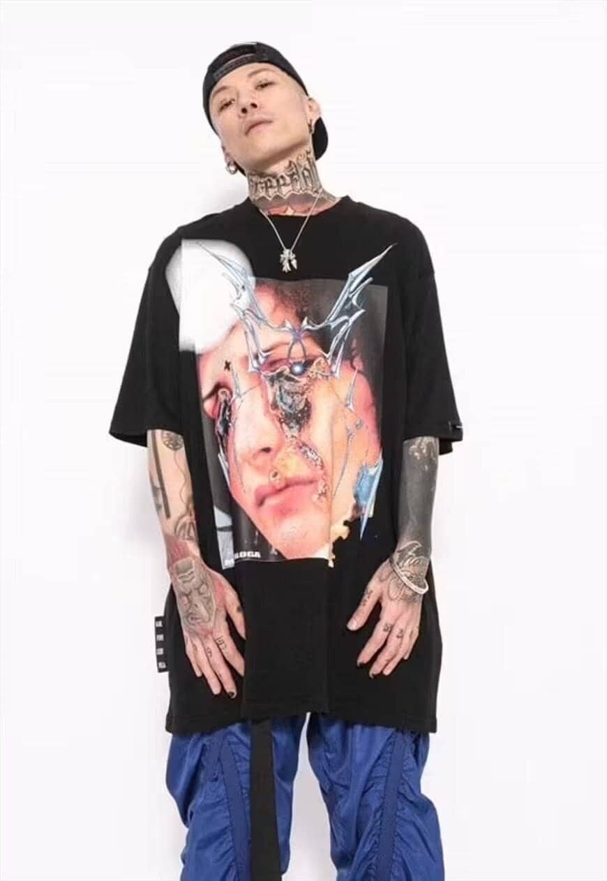 Raver face print t-shirt grunge graffiti tee anime top black