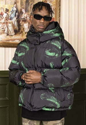 Cobra print bomber jacket Snake high neck puffer in black