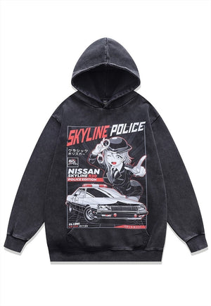 Skyline police hoodie vintage wash pullover anime jumper